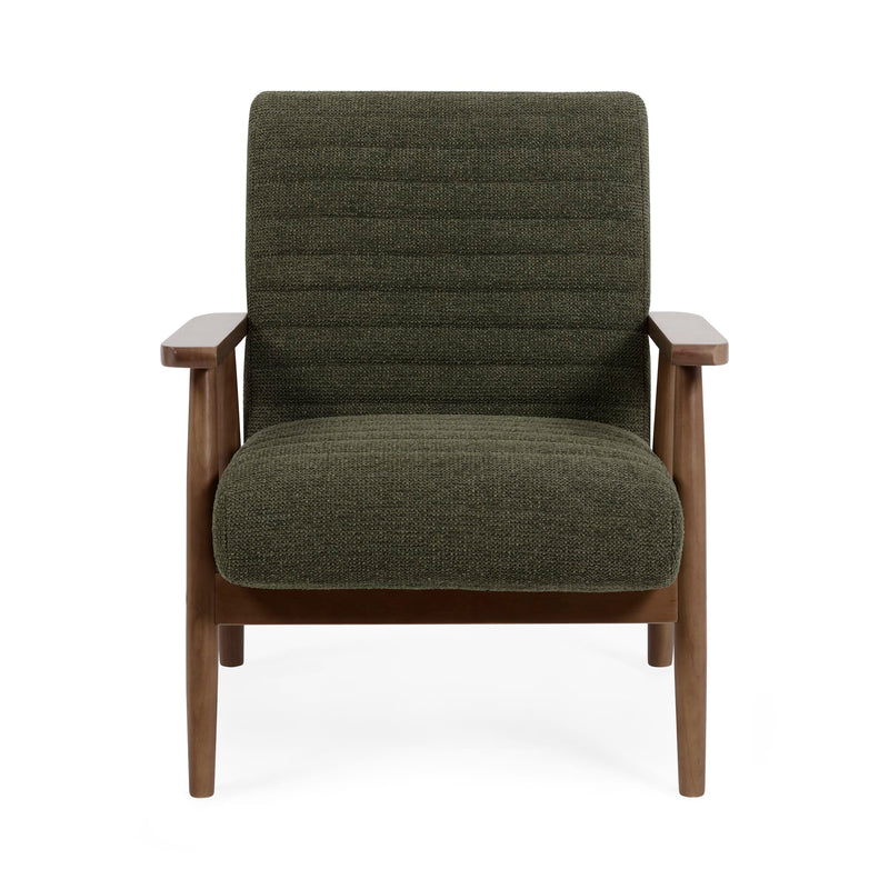 Green upholstered armchair with wooden arms and legs on a white background