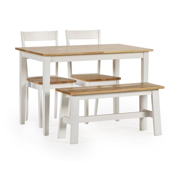 Dining table set with two chairs and a bench on a white background