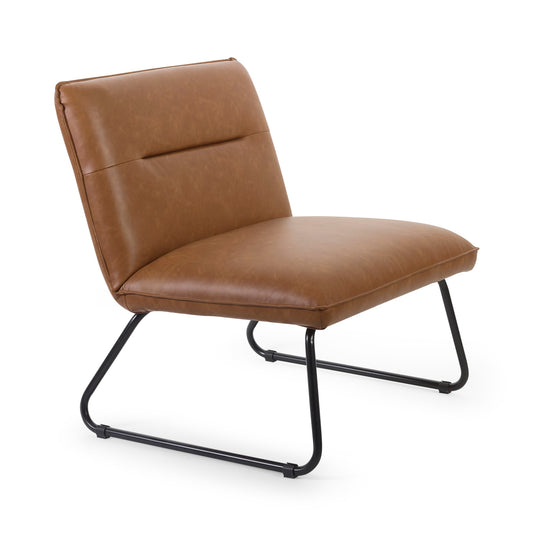 Brown leather chair with black metal legs on a white background