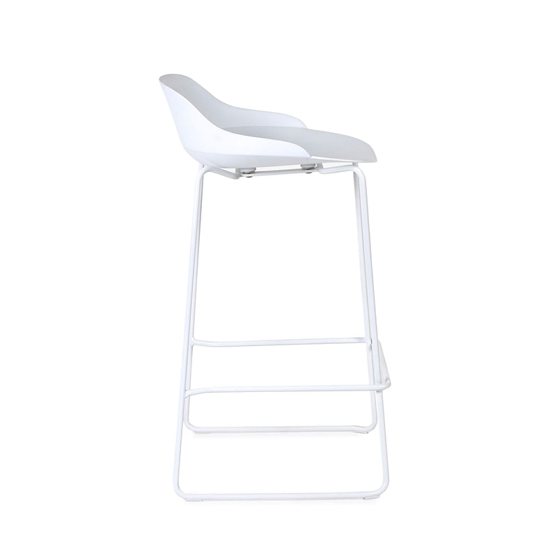 White bar stool with a modern design on a white background