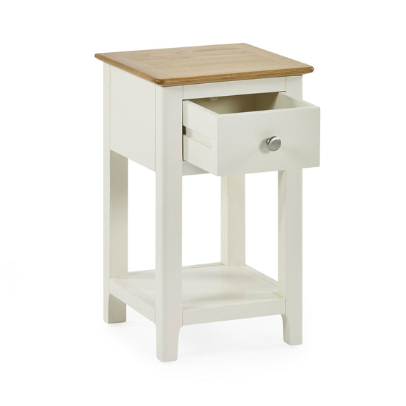 White side table with a wooden top on a white background