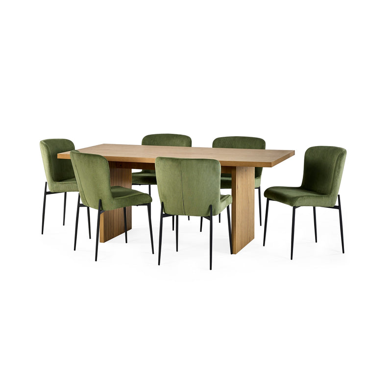 Dining table set with six green chairs on a white background