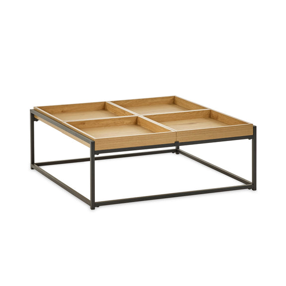 Square coffee table with wooden surface and metal frame on a white background