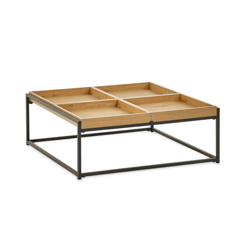 Square coffee table with wooden surface and metal frame on a white background