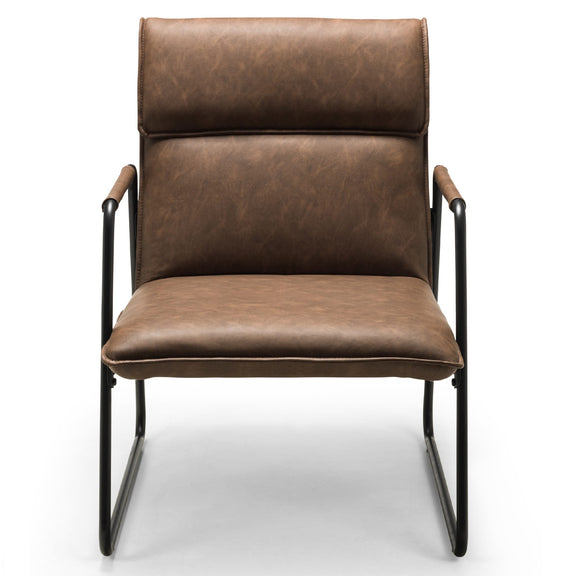 Brown leather armchair with black metal frame on a white background
