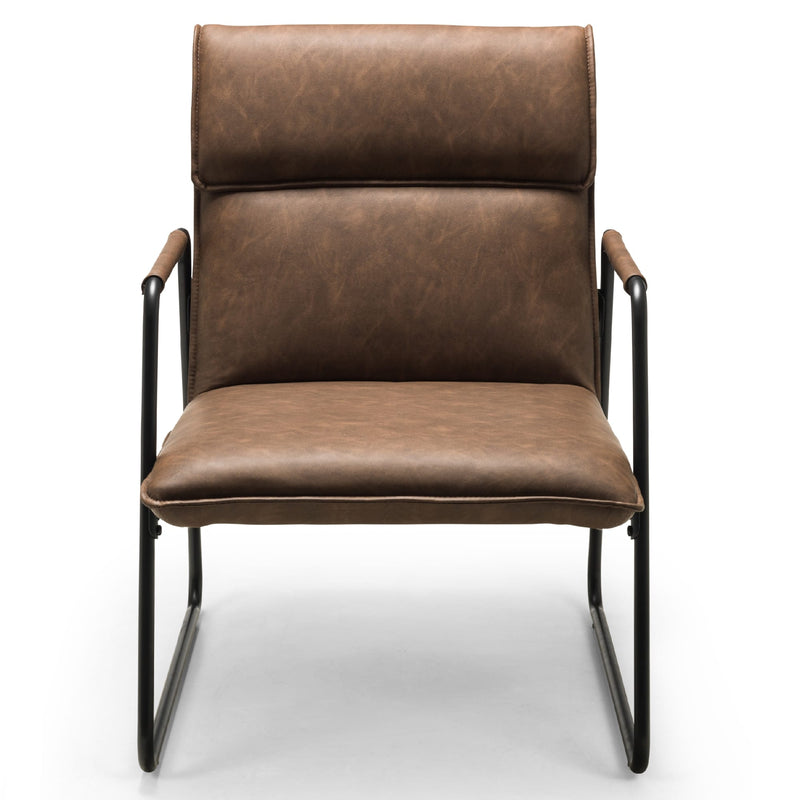 Brown leather armchair with black metal frame on a white background