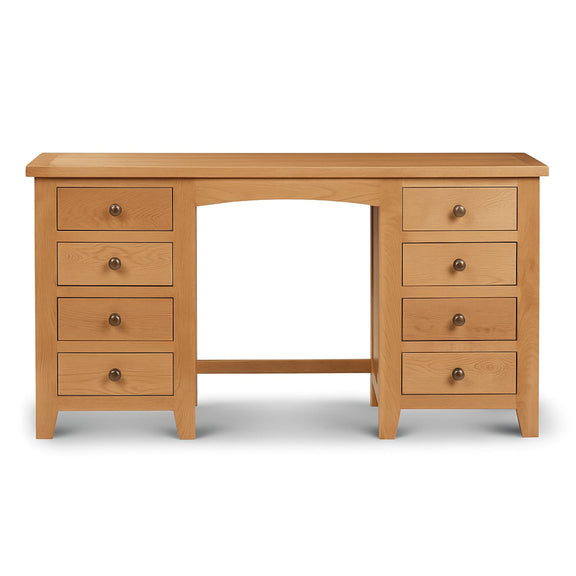 Wooden desk with multiple drawers on a white background