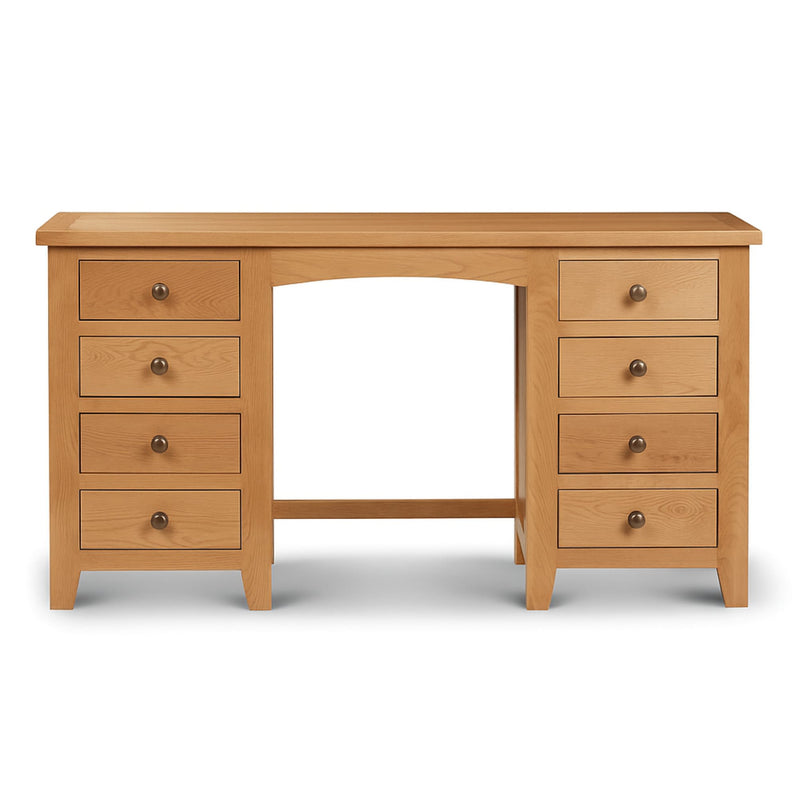 Wooden desk with multiple drawers on a white background