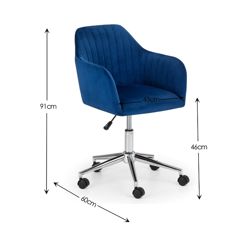 Blue office chair with dimensions on a white background