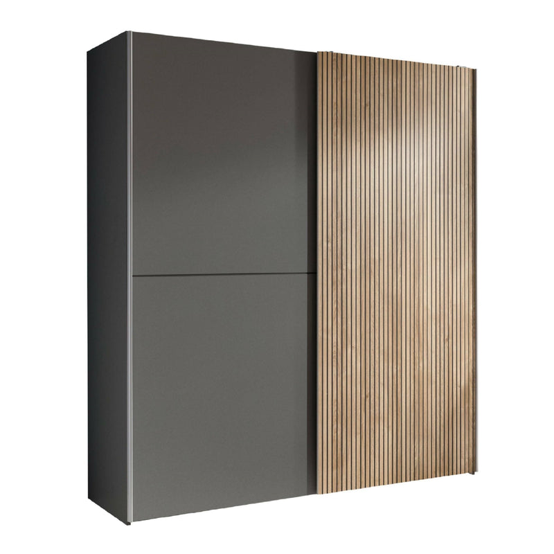 Modern wardrobe with dark gray and wooden design on a white background