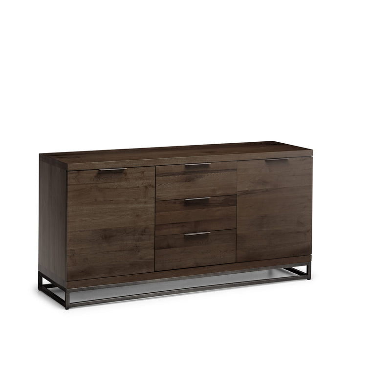 Wooden dresser with metal legs on a white background