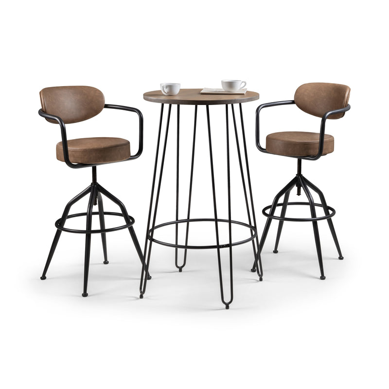 Two bar stools with brown seats and black metal frames around a round table on a white background.