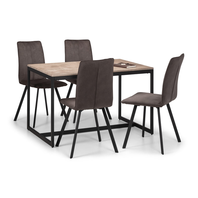 Dining table set with four chairs on a white background