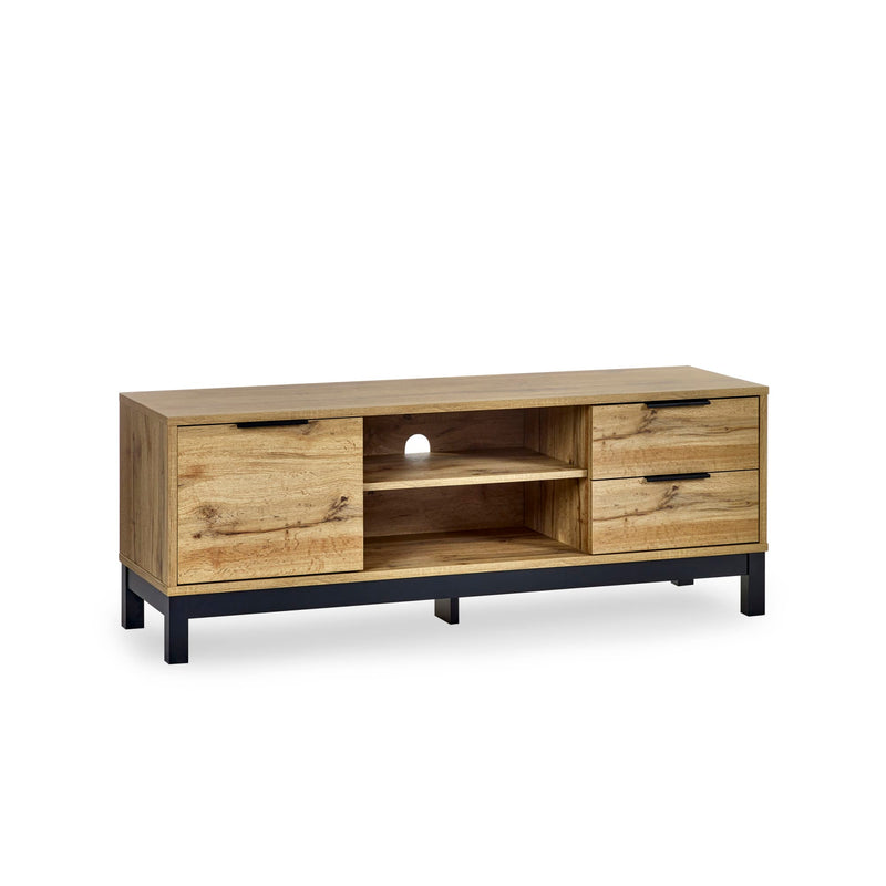 Wooden TV stand with black legs on a white background