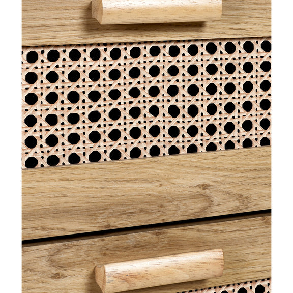 Close-up of wooden handle and woven rattan drawer front