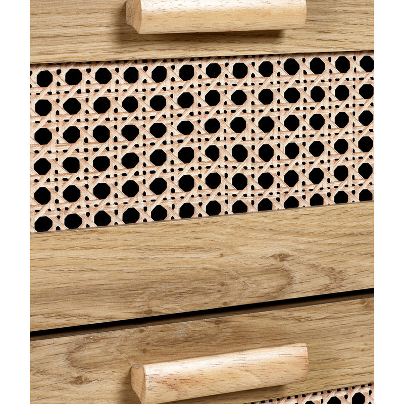 Close-up of wooden handle and woven rattan drawer front