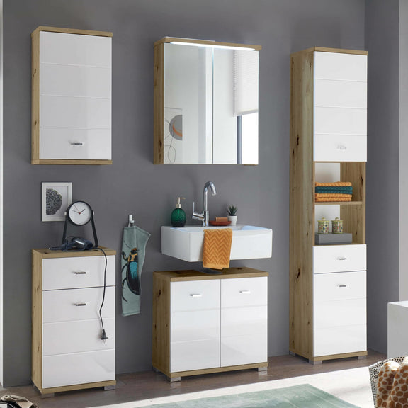 Bathroom furniture set with mirrors, cabinets, and sink against a gray wall.