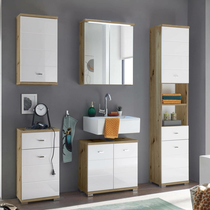 Bathroom furniture set with mirrors, cabinets, and sink against a gray wall.