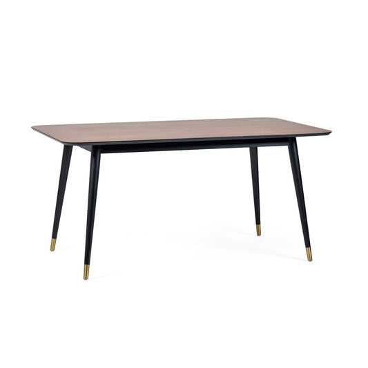 Rectangular table with black legs and gold accents on a white background
