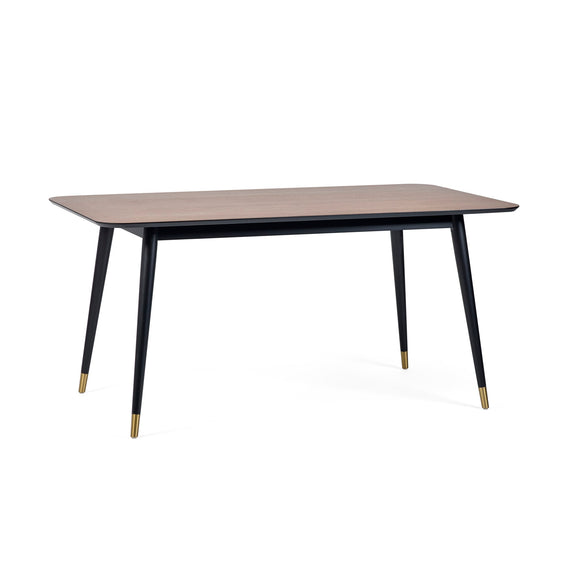 Rectangular table with black legs and gold accents on a white background