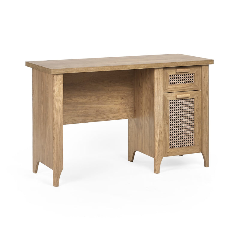 Wooden desk with a single drawer on a white background