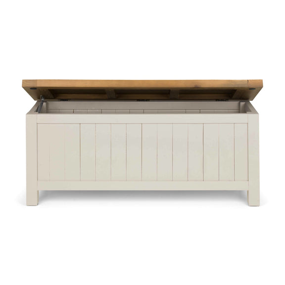 White storage bench with a wooden top on a white background