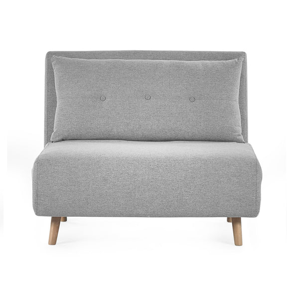 Gray upholstered chair with wooden legs on a white background