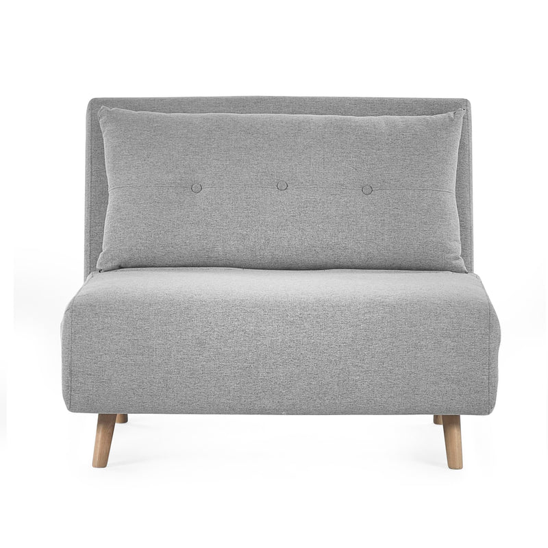 Gray upholstered chair with wooden legs on a white background