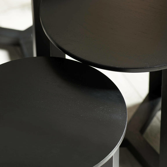 Two black round tables with a blurred background