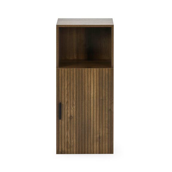 Wooden cabinet with a single door on a white background