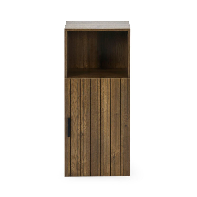 Wooden cabinet with a single door on a white background