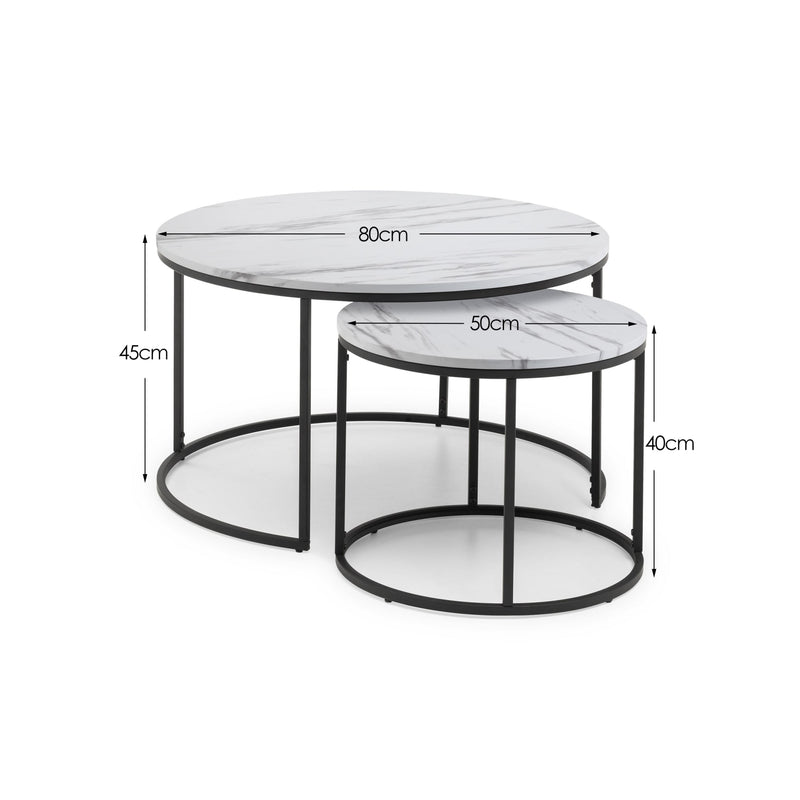 Set of two round marble coffee tables with dimensions on a white background
