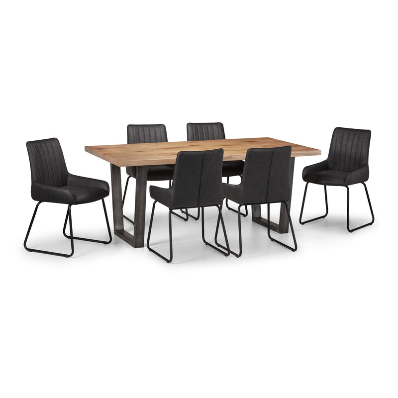 Dining table with six black chairs on a white background