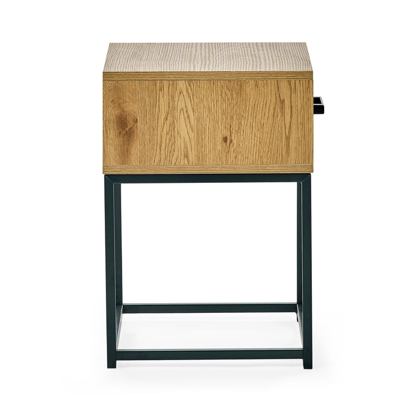 Wooden side table with a textured top on a white background