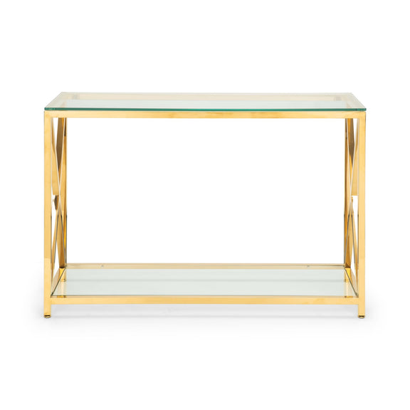 Glass side table with gold metal frame on a white background