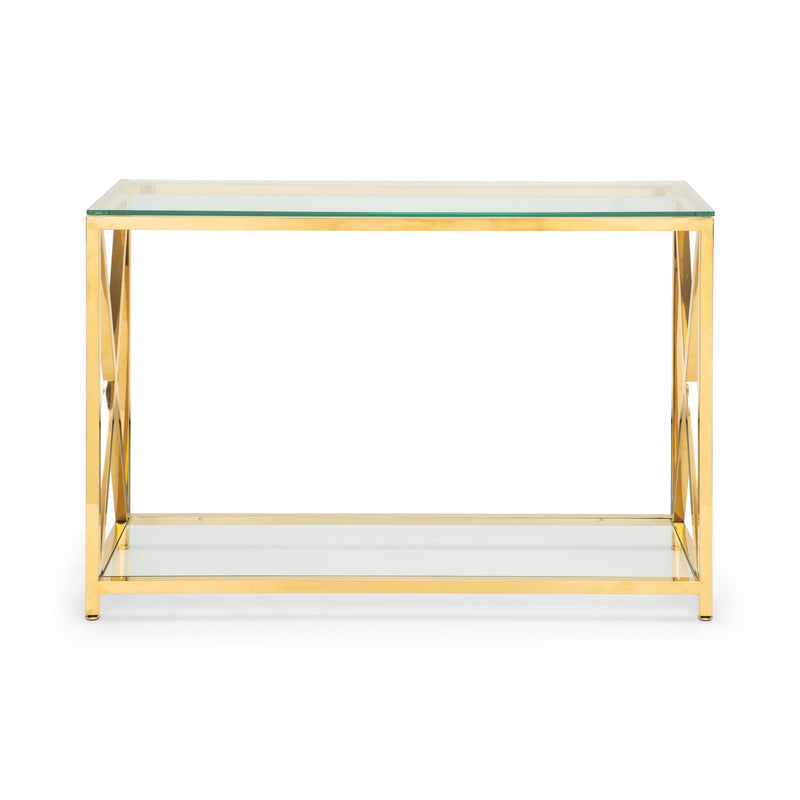 Glass side table with gold metal frame on a white background