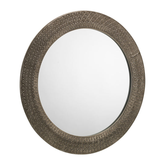 Round mirror with decorative brown frame on a white background