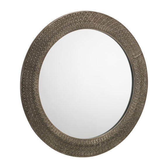 Round mirror with decorative brown frame on a white background
