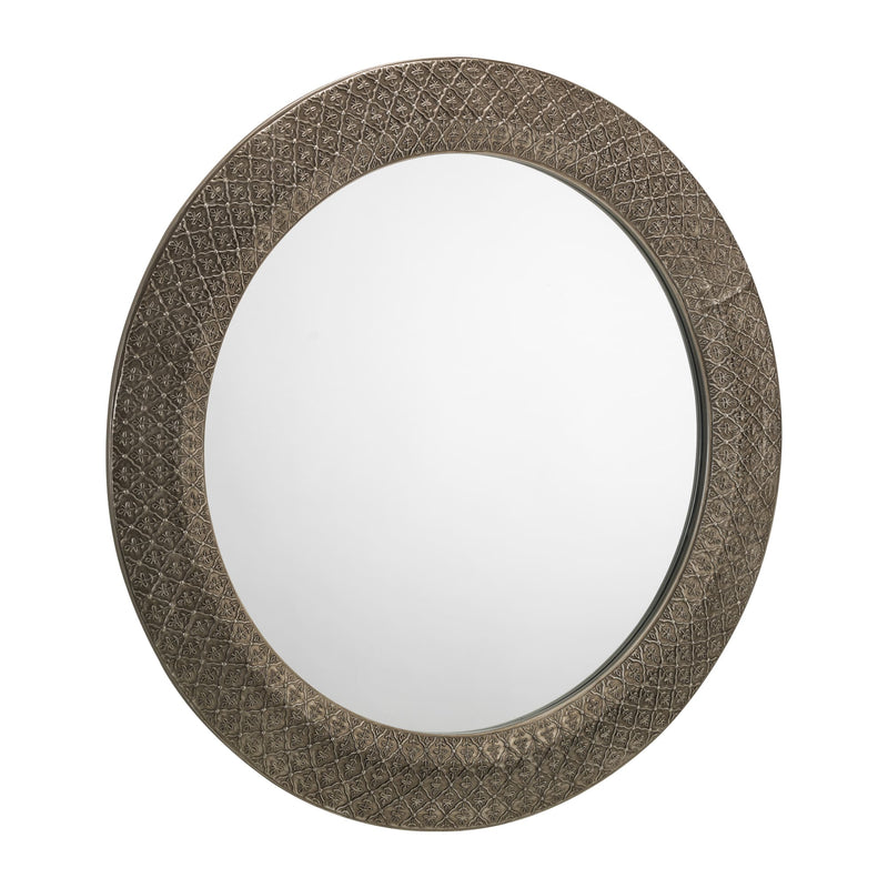 Round mirror with decorative brown frame on a white background