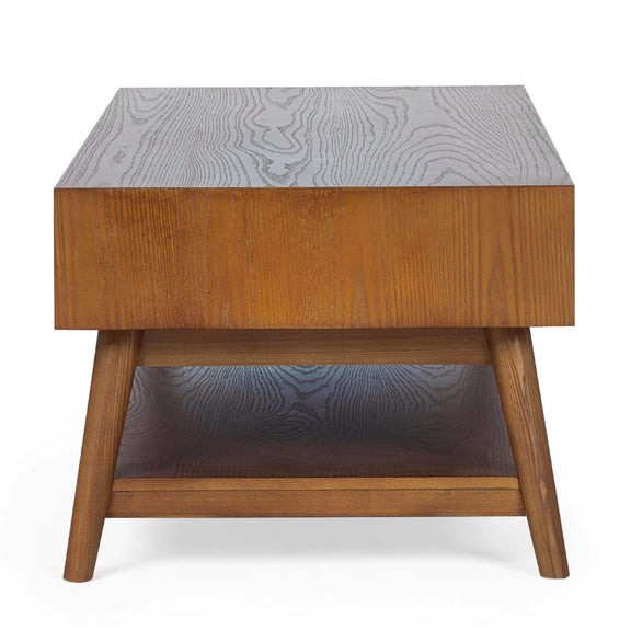 Wooden side table with a textured surface on a white background