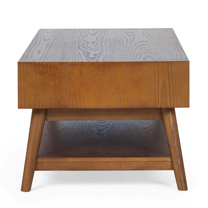Wooden side table with a textured surface on a white background