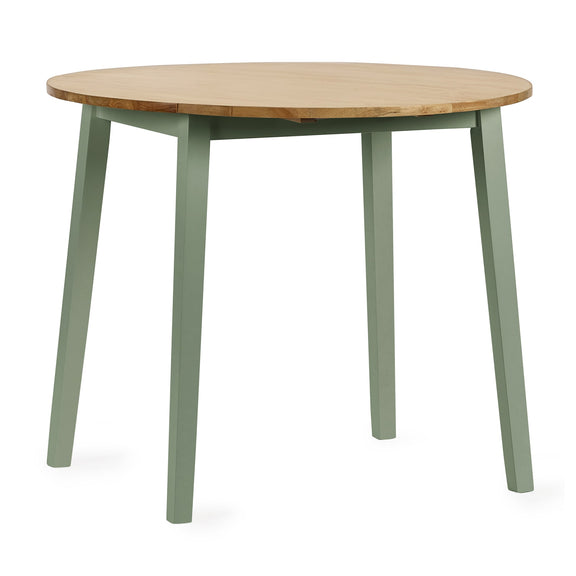 Round wooden table with green legs on a white background