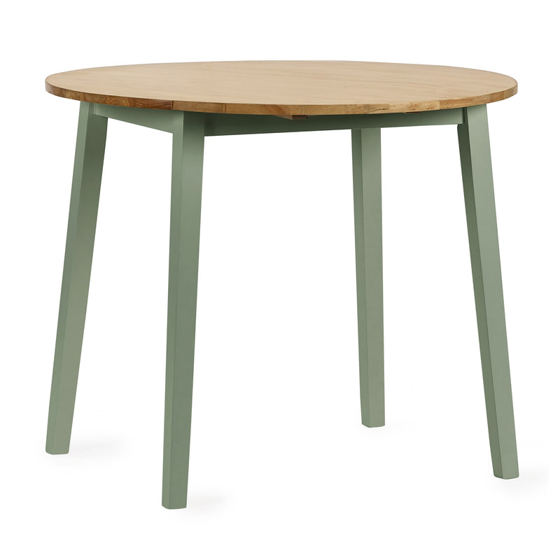 Round wooden table with green legs on a white background