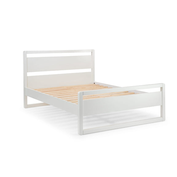 White bed frame with wooden slats on a white background