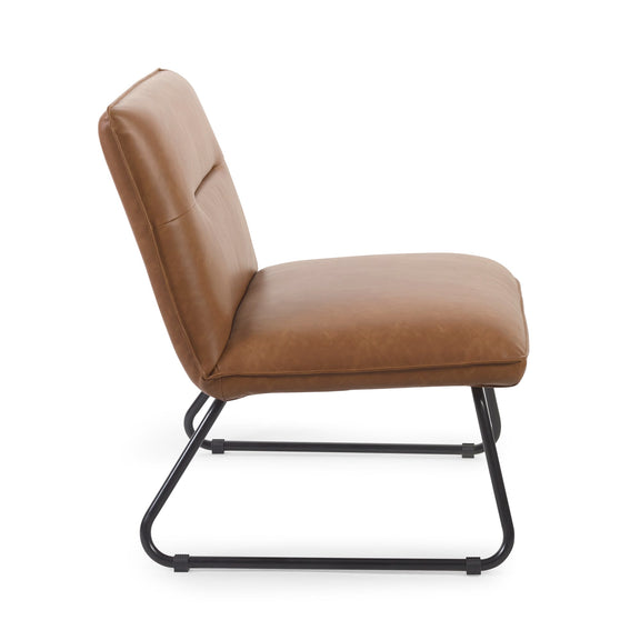 Brown leather chair with black metal legs on a white background