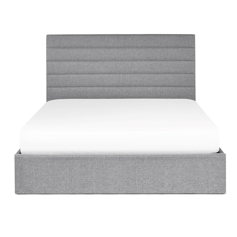 Gray upholstered bed frame with white mattress on a white background
