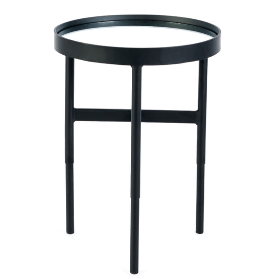 Black metal side table on a white background