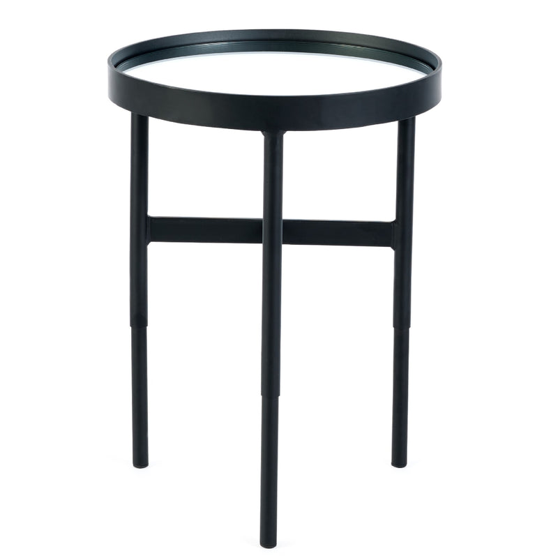 Black metal side table on a white background