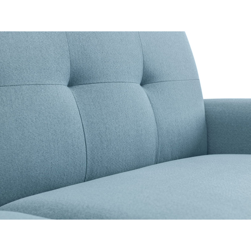Close-up of a light blue sofa with tufted backrest on a white background