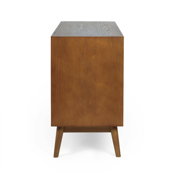 Wooden side table with a patterned top on a white background